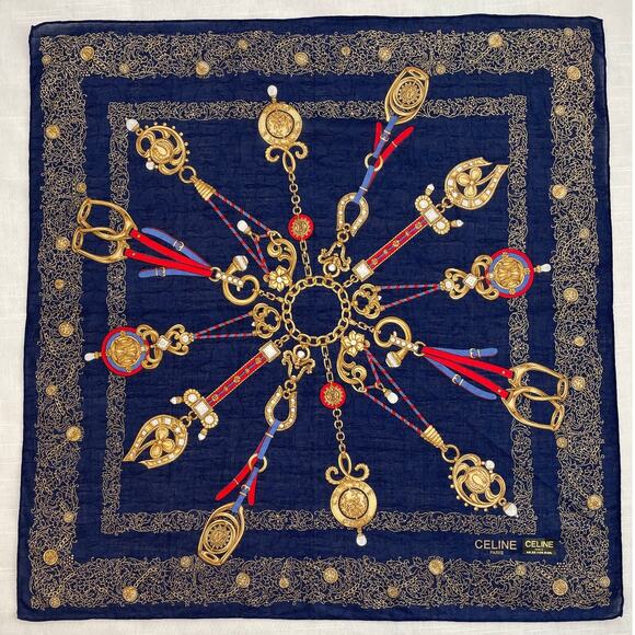 CELINE Blue, Red and Gold Print Square Pocket Scarf 20 x 20 NWT - Picture 1 of 4